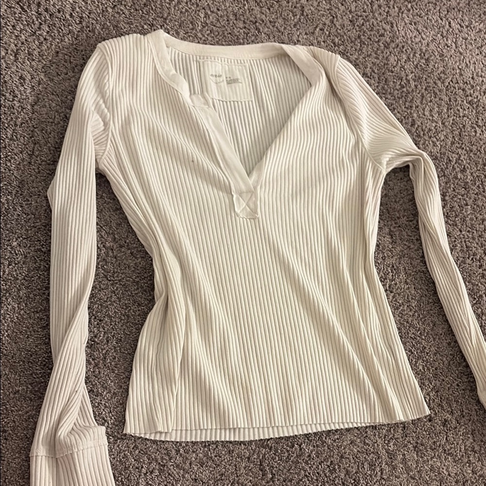 Aerie Cream Ribbed V-Neck Blouse